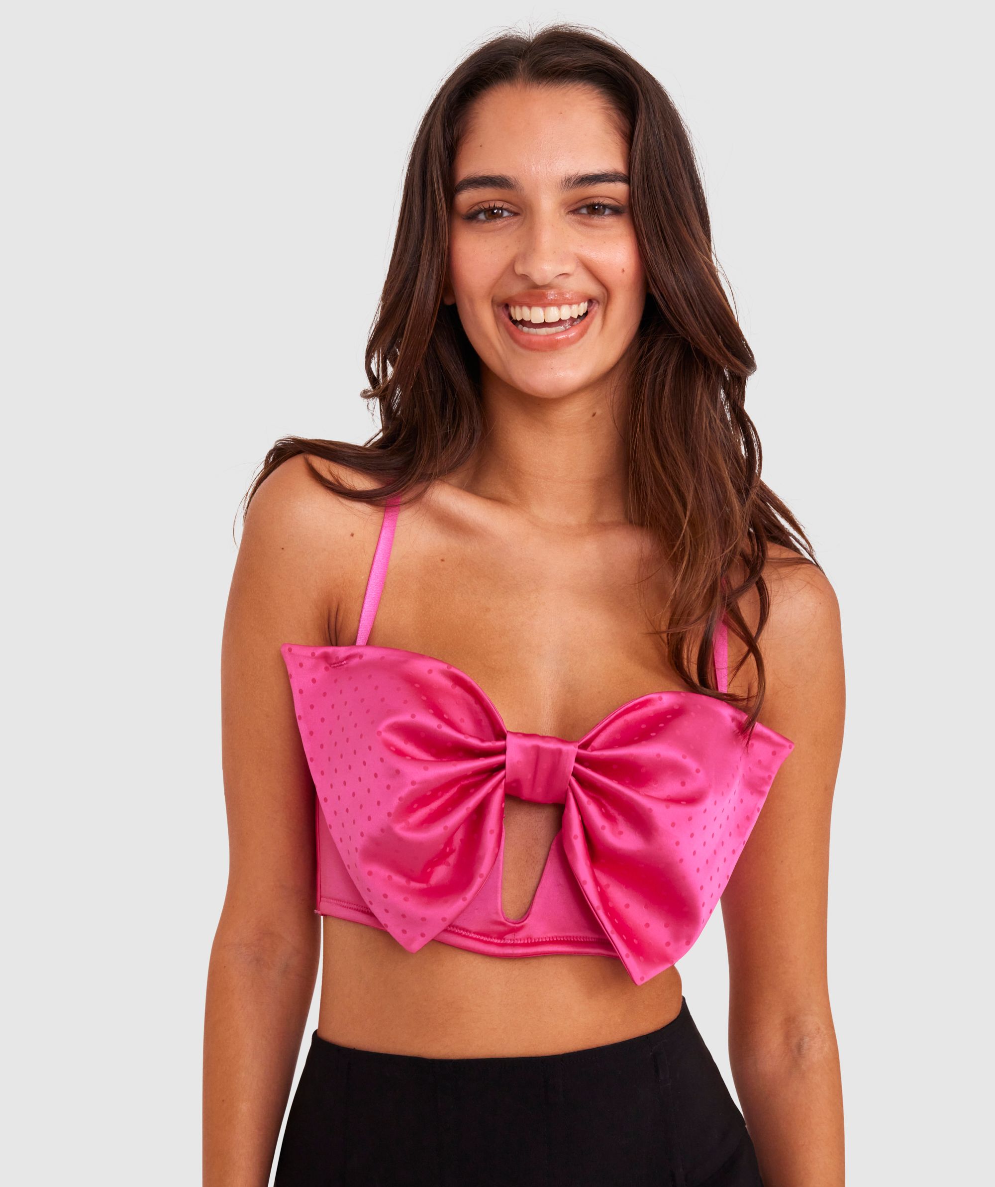 Neon Pink Satin Tie Front Bralette, Tops