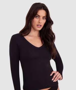 Rib Long Sleeve with Shelf Bra - Black