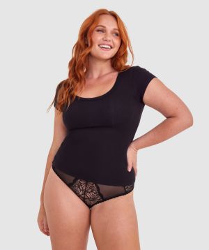 Rib Short Sleeve with Shelf Bra - Black