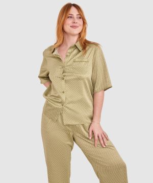 Aisha Short Sleeve - Khaki Geometric